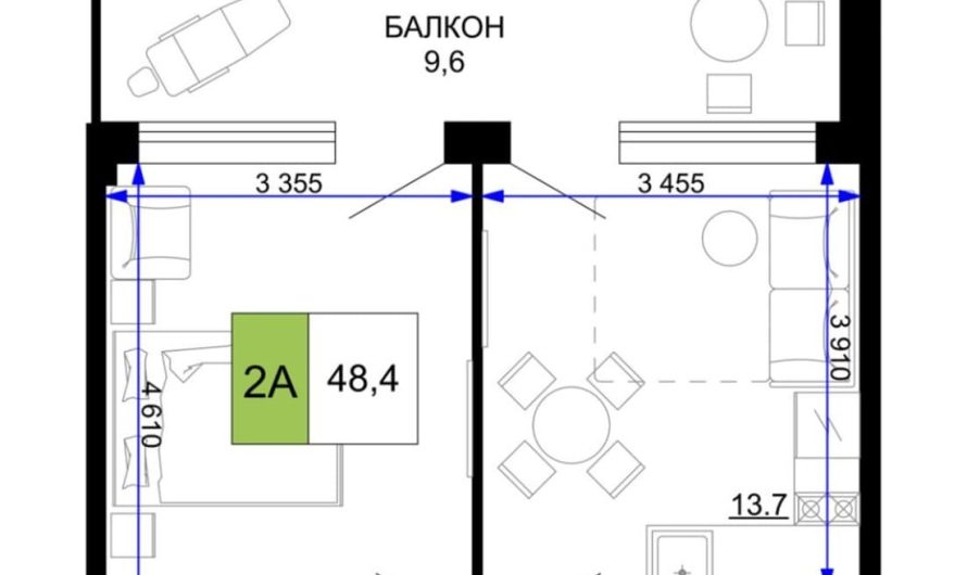 Продажа 2-комнатных апартаментов от застройщика, 48.4 м², Анапа, проезд Сосновый, Литер                                                     1