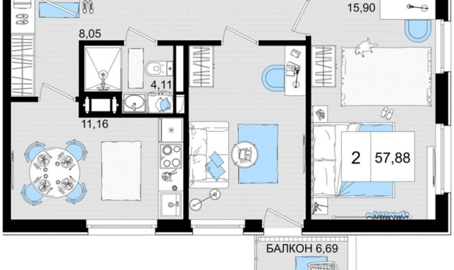 Продаем 2-комнатные апартаменты от застройщика, 56.38 м², Анапа, шоссе Симферопольское, Корпус                                                     2